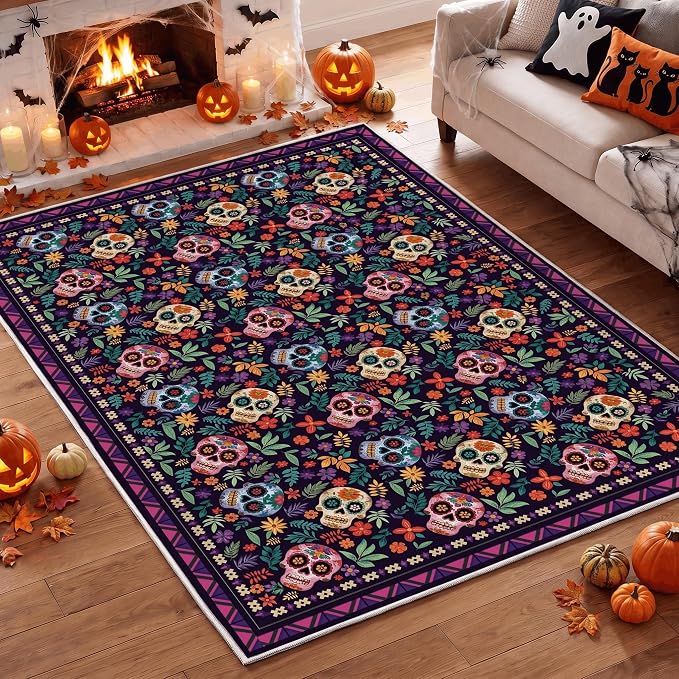 Artoid Mode Sugar Skull Mexican Day of The Dead Halloween Area Rug 5x7 Feet - skull toilet rug