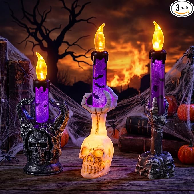JOYIN Halloween Candle Lights 3 Pcs, Skull LED Candle Decorations Set with 3 Designs, Spooky Flameless Candle Lights for Halloween Decorations Indoor Tabletop Mantel Party Supplies - skull lamp