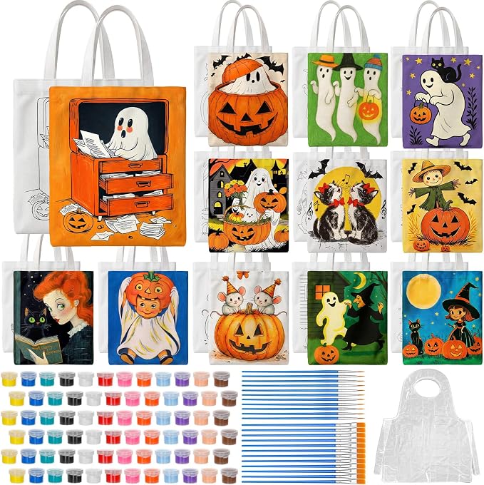 Dispowreath 12 Set DIY Canvas Tote Bags Painting Kit, Halloween - skull painting