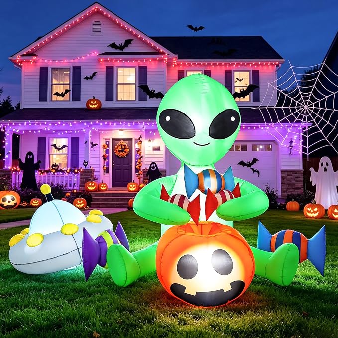 Halfjuly 7FT Halloween Alien Inflatable Outdoor Decorations with LED Lights