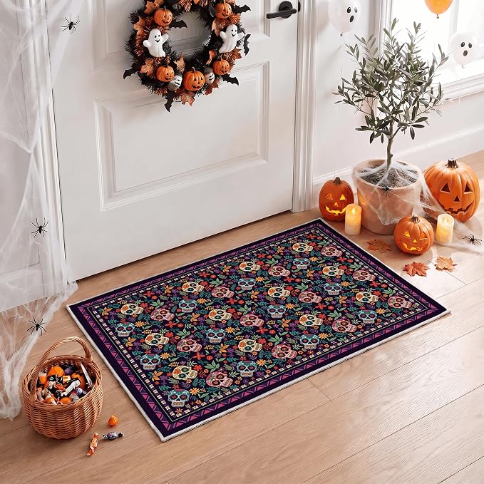 Artoid Mode Sugar Skull Mexican Day of The Dead Halloween Area Rug 2x3 Feet - skull floor mat