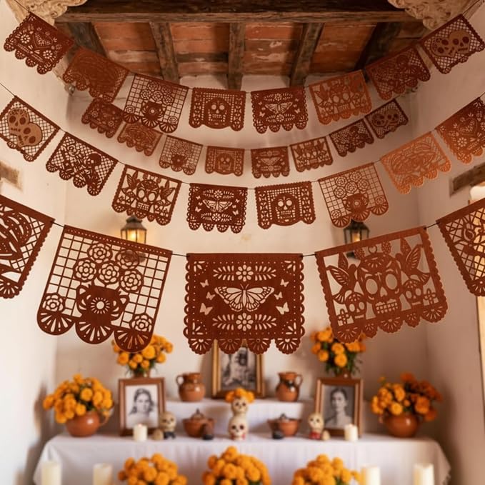 2 Pack Dia De Los Muertos Felt Papel Picado, Mexican Garland - skull rug