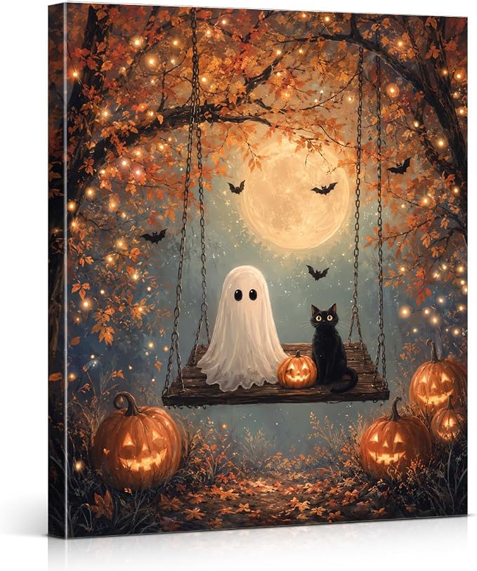 Spooky Ghost Fall Halloween Wall Art Gothic Ghost Black Cat Wall Decor - skull painting