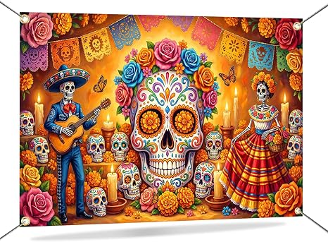 Day of The Dead Banner Backdrop for Mexican Dia De Los Muertos Decorations - skull carpet