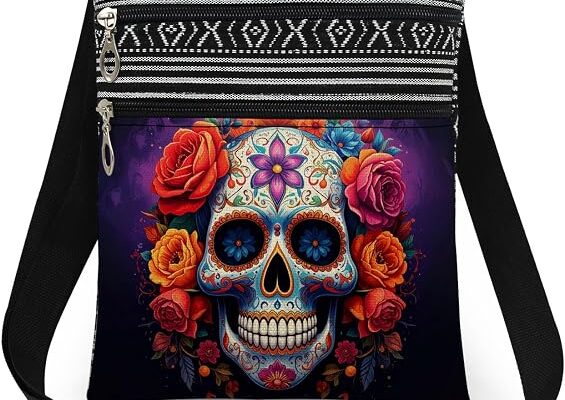 Day of the Dead Colorful Sugar Skull with Roses Crossbody Bag