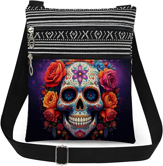 Day of the Dead Colorful Sugar Skull with Roses Crossbody Bag