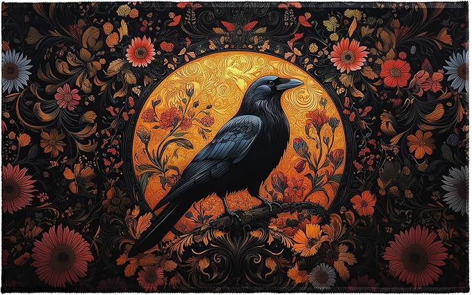Vintage Crow Bath Rug, Rustic Raven Boho Flowers Bathroom Mats 32×20 Inch, Black Bird Halloween Non-Slip Absorbent Bathroom Rugs for Bedside Shower Room Bathtub Kitchen Doorway Decor