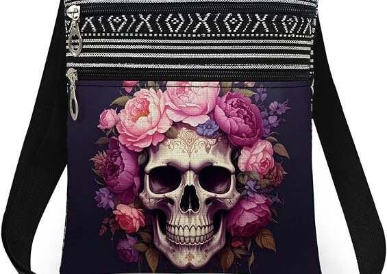 Mexican Sugar Skull Pink and Blue Flowers Print Crossbody Bag