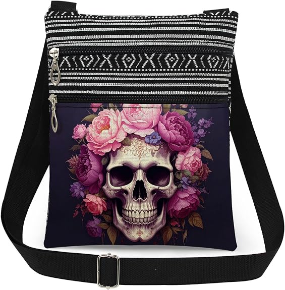Mexican Sugar Skull Pink and Blue Flowers Print Crossbody Bag