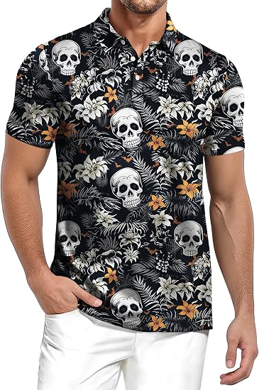 Halloween Shirts for Men Funny Horror Hawaiian Polo Shirt - skull tshirt