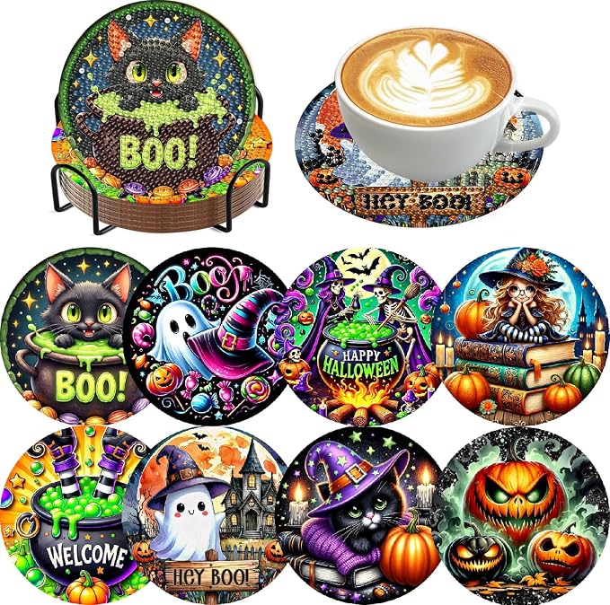 8 Pcs Diamond Art Coasters Kits for Adults,Halloween Diamond Painting Coaster Kits with Holder,Gem Art Paintings Crafts Supplies for Home Decor - skull coaster