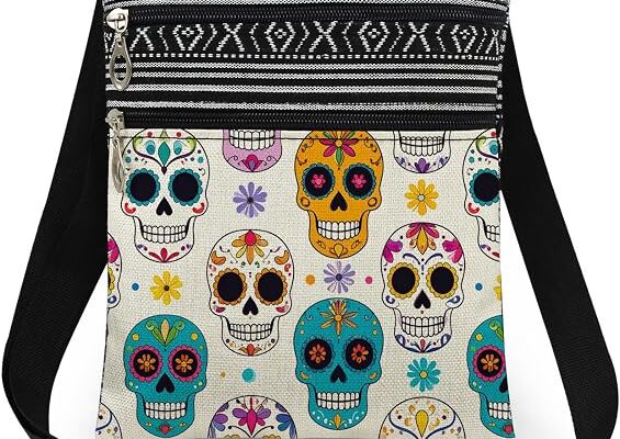 Mexican Sugar Skull Floral Pattern Crossbody Bag (White)
