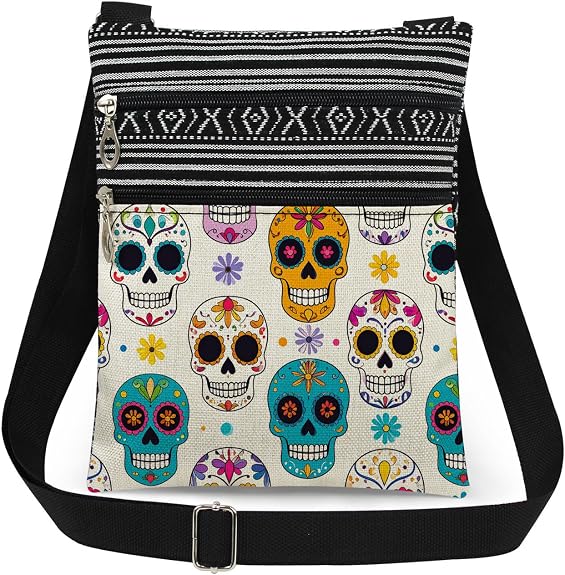 Mexican Sugar Skull Floral Pattern Crossbody Bag (White) - sugar skull handbags for sale