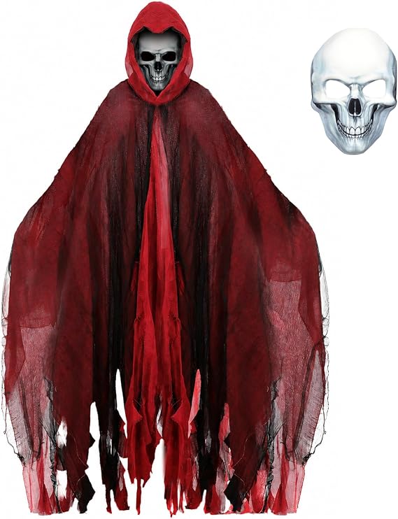 2Pcs Grim Reaper Costume Adult Hooded Cloak Skull Mask Halloween Cosplay - sugar skull dress