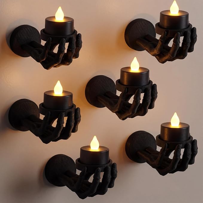 Havawish 6 Pcs Halloween Skeleton Hand Wall Candle Holder with LED Candles - skull candle