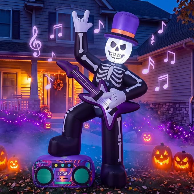 Hollowfly 6 ft Halloween Skeleton Inflatable with Guitar, LED Lights Music - skull inflatable
