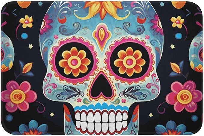 Sugar Skulls Door Mat Outside Entrance, Flannel Bath Mats Washable Floor Mat with Non-Slip PVC Backing, Absorbent Bathroom Rug Summer Doormat for Bathroom Entryway - skull toilet mat