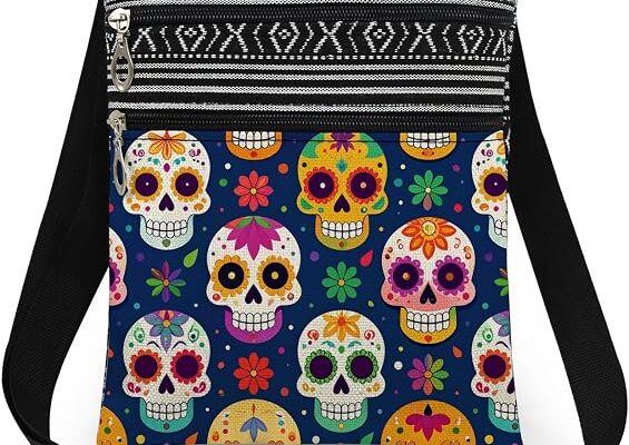 Mexican Sugar Skull Floral Pattern Crossbody Bag (Navy Blue)