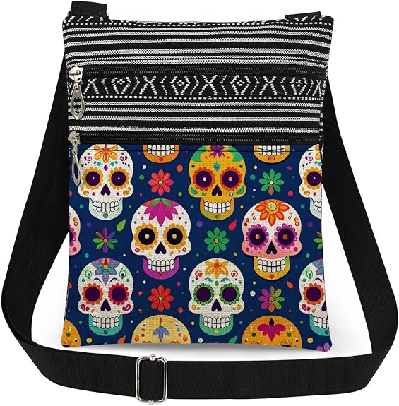 Mexican Sugar Skull Floral Pattern Crossbody Bag (Navy Blue)