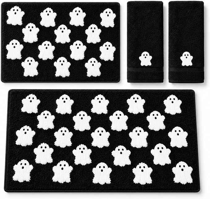4 Pcs Black Halloween Ghost Bathroom Rugs and Towels Set Bath Decor