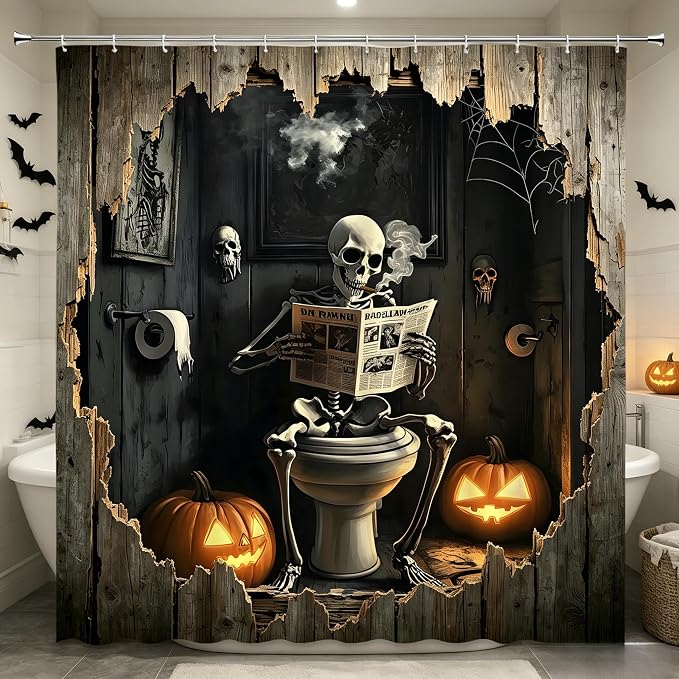 Halloween Shower Curtain Funny Skeleton Gothic Skull Horror Spooky Rustic Wooden Wall Pumpkin Lanterns Fabric Bathroom Curtain Set with Hooks