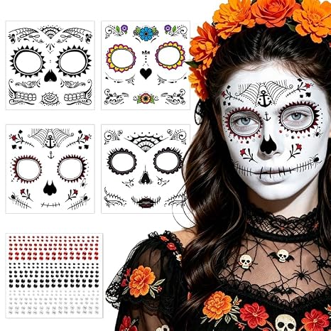 Day of The Dead Makeup Kit with Sugar Skull Face Tattoos and Face Gems - sugar skull costume