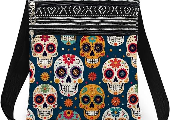 Mexican Sugar Skull Floral Pattern Crossbody Bag (Midnight Blue)