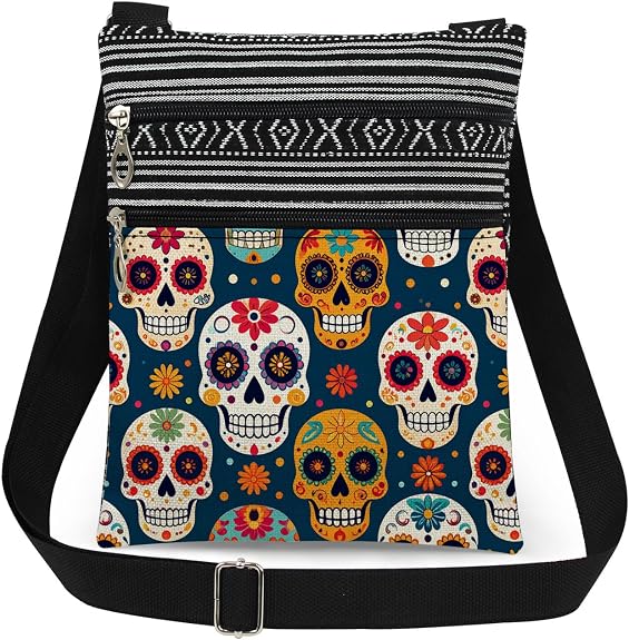 Mexican Sugar Skull Floral Pattern Crossbody Bag (Midnight Blue) - sugar skull handbags for sale