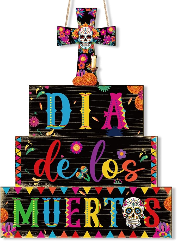Day of The Dead Door Hanging Wreath Sign for Front Door Mantel