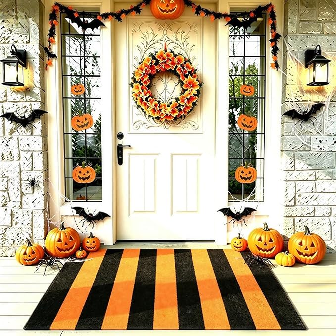 Striped Rug 2’4”x 3’7” Halloween Front Doormat Orange and Black, Washable Indoor Outdoor Doormat for Front Door, Entryway, Bedroom, Kitchen, Porch, Patio Decor