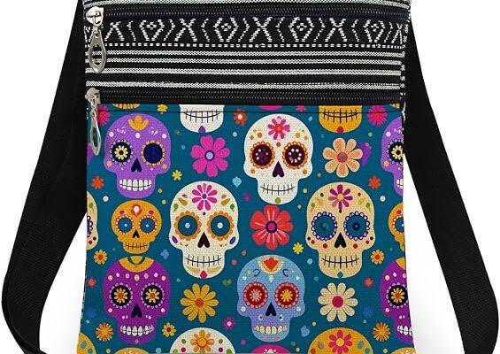 Colorful Mexican Sugar Skull with Floral Print Crossbody Bag