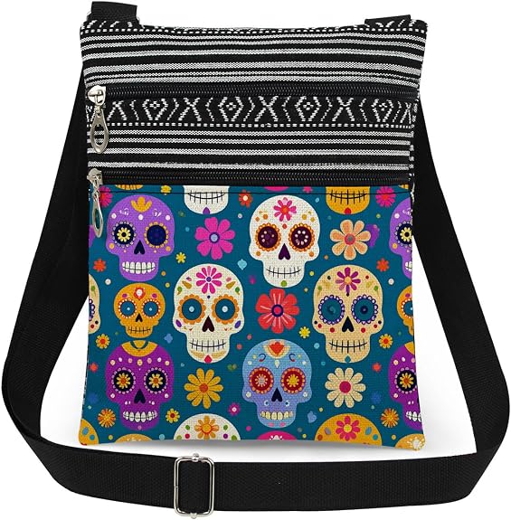 Colorful Mexican Sugar Skull with Floral Print Crossbody Bag - sugar skull handbags for sale