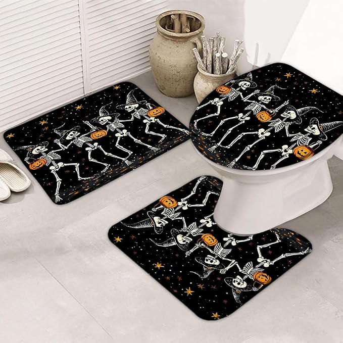 3pcs Funny Skull Bath Mat Sets Halloween Humorous Black White Skeleton Dancing Ghosts with Pumpkins Spooky Gothic 16"x 48" Bathroom Rug Toilet Seat Cover U-Shaped Floor Carpets - skull toilet mat