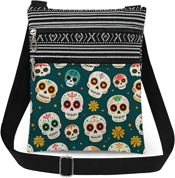 Mexican Sugar Skull Floral Pattern Crossbody Bag (Green)
