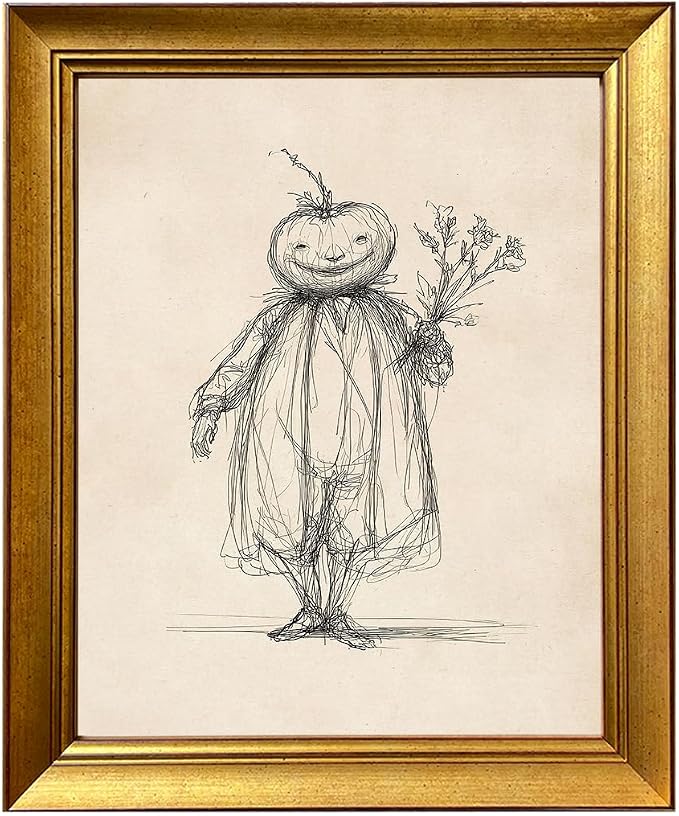 Vintage Halloween Decor Gold Framed Jack O Lantern Sketch Print Painting Spooky Pumpkin Canvas Wall Art Halloween Picture Wall Decor - skull painting