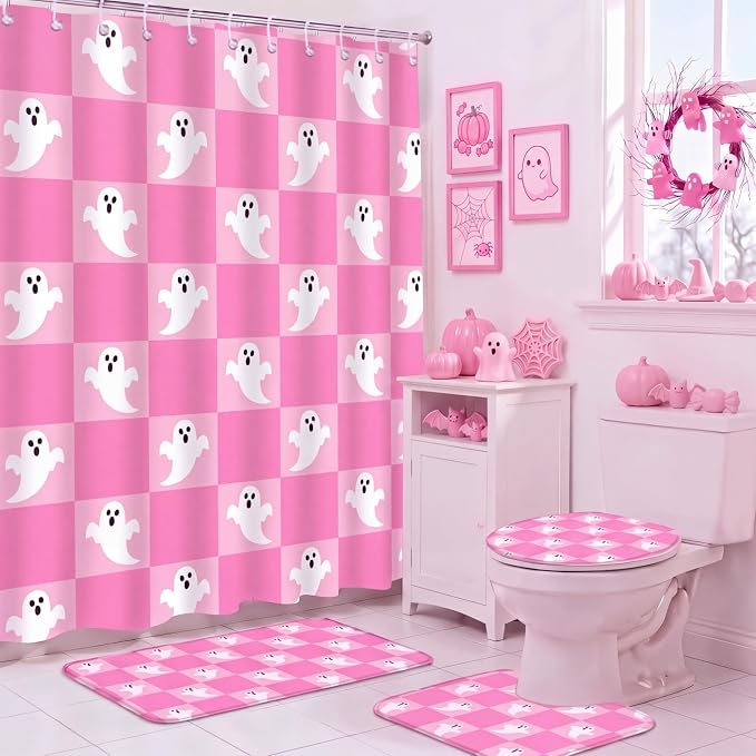 Fanfanwin 4 Pcs Halloween Ghost Bathroom Set 72" Pink Shower Curtain Rug - skull toilet mat