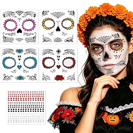 Day of The Dead Makeup Kit with Sugar Skull Face Tattoos and Face Gems - sugar skull costume