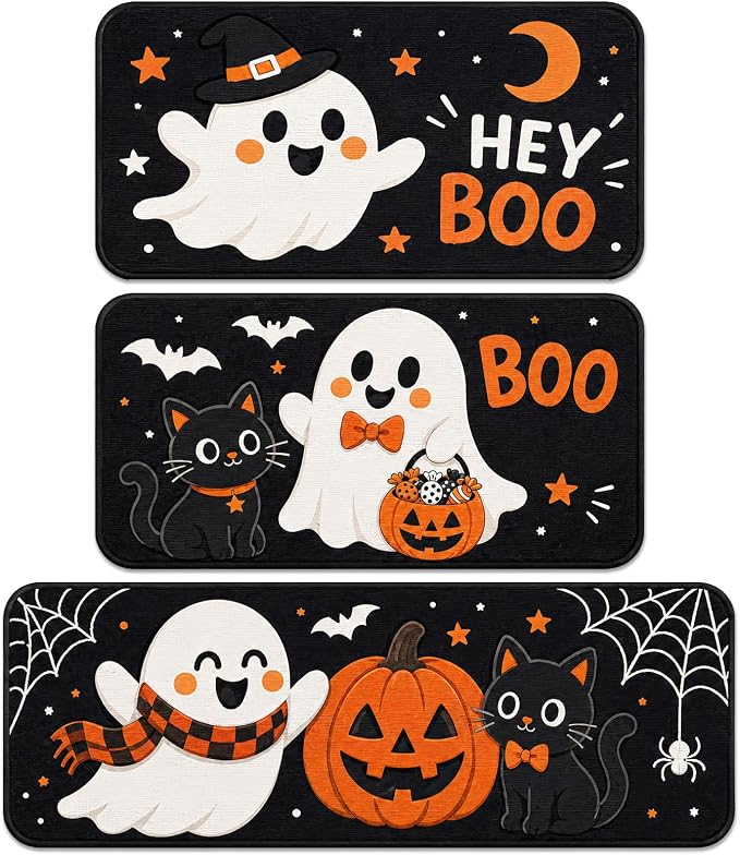 3Pcs Halloween Kitchen Mats, Ghost Pumpkin Black Cat Floor Rug Set - skull floor mat