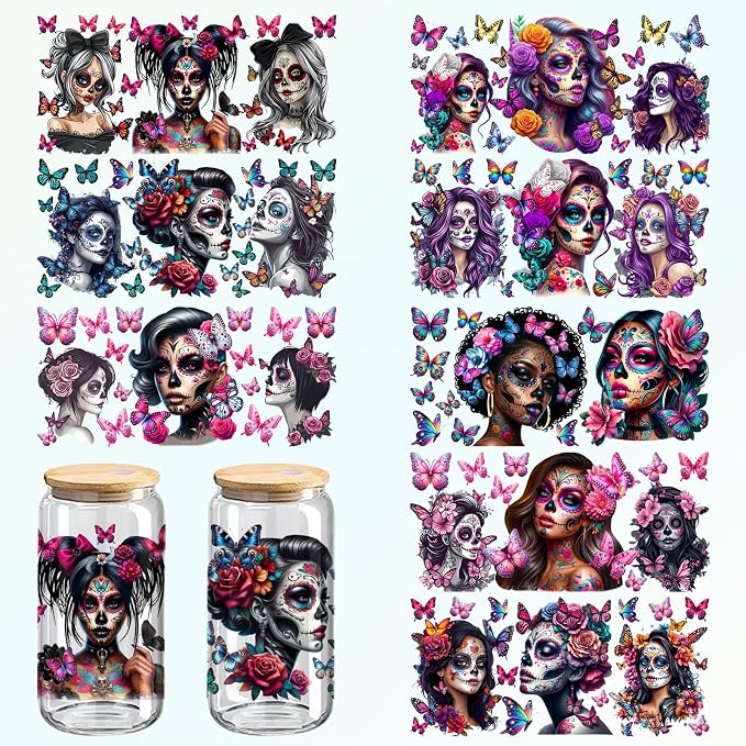 Moxica UV DTF Cup Wrap, Dead Day Theme Glass Cup Decals, 8-Pack Stickers for 16 oz Cups, Glass and Wood Crafts Supplies, Día de Los Muertos Gift (801) - skull sticker