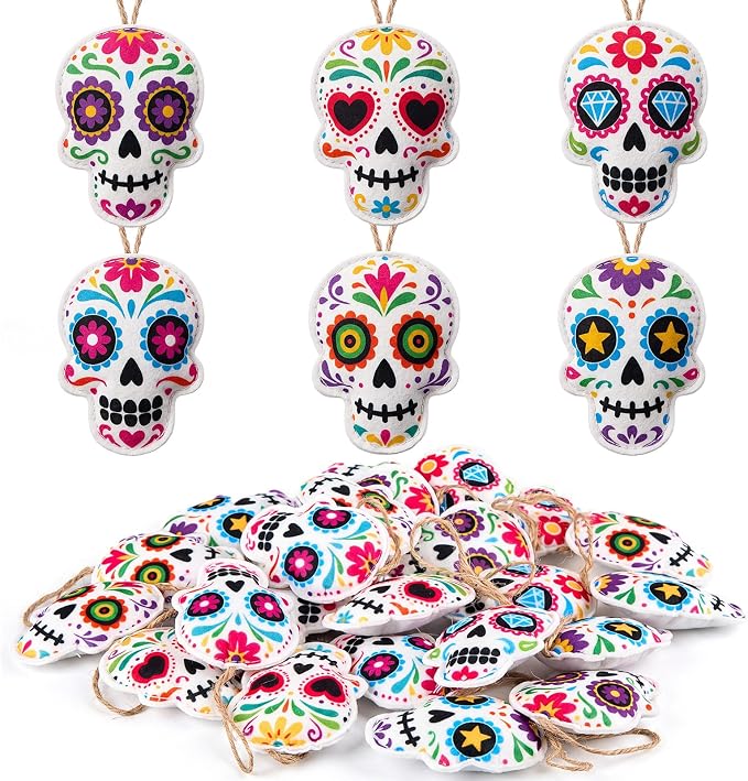 24 Pcs Mini Sugar Skull Ornaments Bulk Felt Dia De Los Muertos Decorations - sugar skull ornament