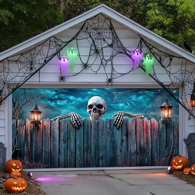 Halloween Garage Door Cover – Spooky Skeleton Skull Fence Garage Door Background- Horror Lantern Spider Web Indoor Outdoor Party Decor Door Banner 16X7FT