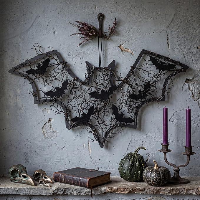 Hotop Bat Shaped Halloween Wreath for Front Door Black Bat Wreath - skull wreath