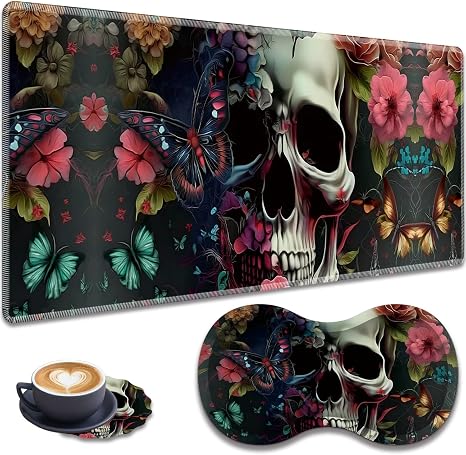 Mouse Pad Set, Large Gaming Mouse Pad (31.5X 11.8 inches)+ Wrist Rest Pad + Coaster, Ergonomic Wrist pad, Home Office Desk Accessories Decor Supplies, Flower Skull - skull coaster