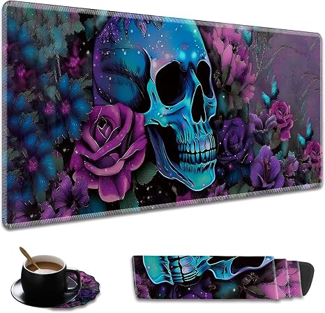 Stylish Neon Sugar Skull Desk Mat with Coaster, 31.5"x11.8" Extended Non-Slip Rubber Mouse Pad, Waterproof Keyboard Pad for Gaming Office Home Laptop - skull coaster