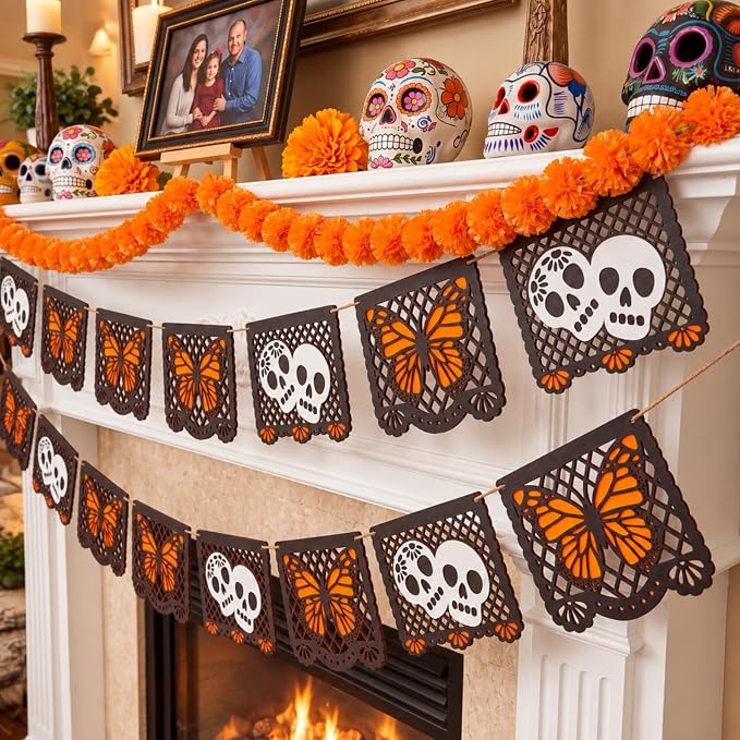 Hotop 3 Pcs Day of the Dead Papel Picado Banners Marigold Garland Ofrenda
