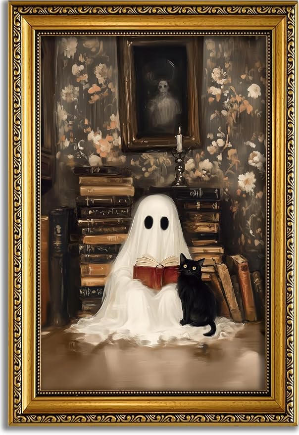 YD&YZY Halloween Wall Art Vintage Ghost Wall Decor 16x24 inch Gold Framed - skull wall art