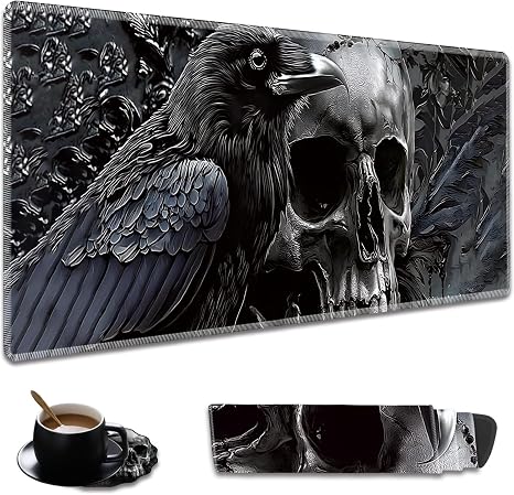 Stylish Crow Skull Desk Mat with Coaster, 31.5"x11.8" Extended Non-Slip Rubber Mouse Pad, Waterproof Keyboard Pad for Gaming Office Home Laptop - skull coaster
