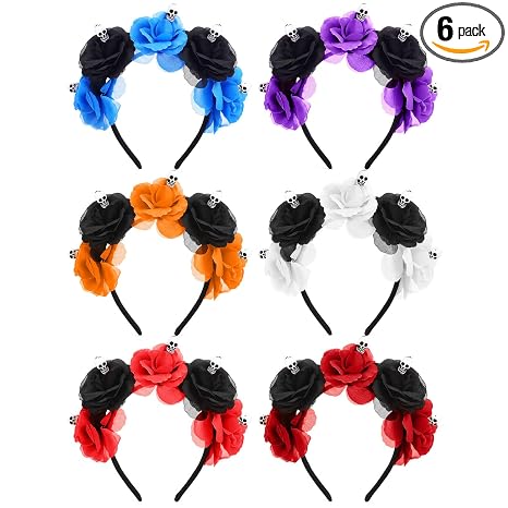 Blosssound 6 Pcs Skull Rose Headbands Halloween Day of the Dead Party - skull headband