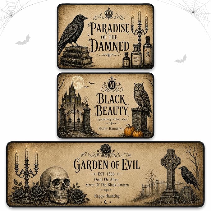 3Pcs Halloween Kitchen Mats, Vintage Gothic Floor Rug Set