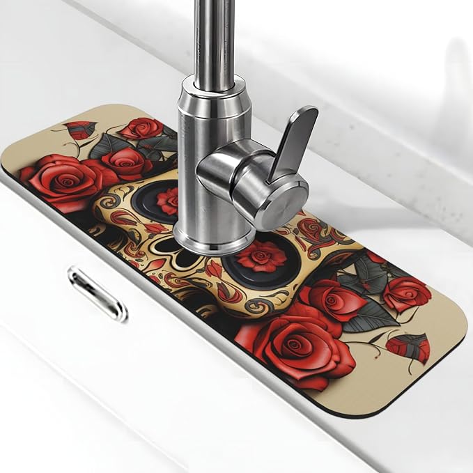 Faucet Mat for Kitchen Sink, Absorben Diatomite Fast Drying Mat Red rose sugar skull Faucet Suction Pad,15" x 5.5" Sink Water Splash Guard Behind Faucet Drip Catcher for Bathroom - skull toilet mat